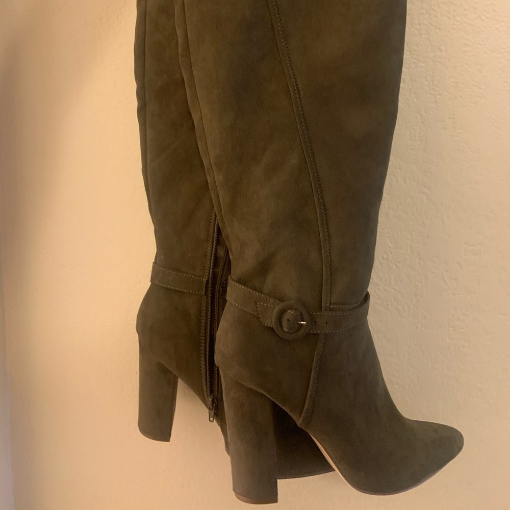 Grey thigh high boots with 3 1/3 inch heel